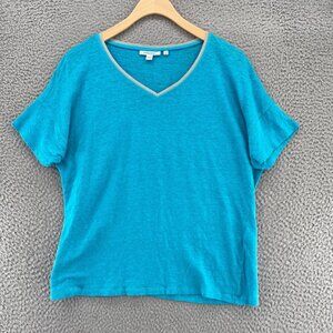 Chicos Top Womens 1 US Medium Blue Linen Knit Sweater Trim Tee Shimmer Pullover